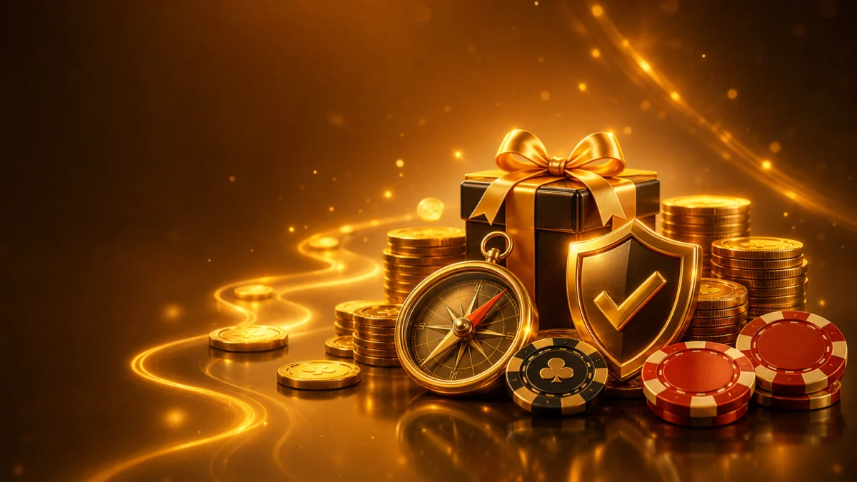 Moedas, fichas, escudo e caminho dourado representando uso inteligente de bônus